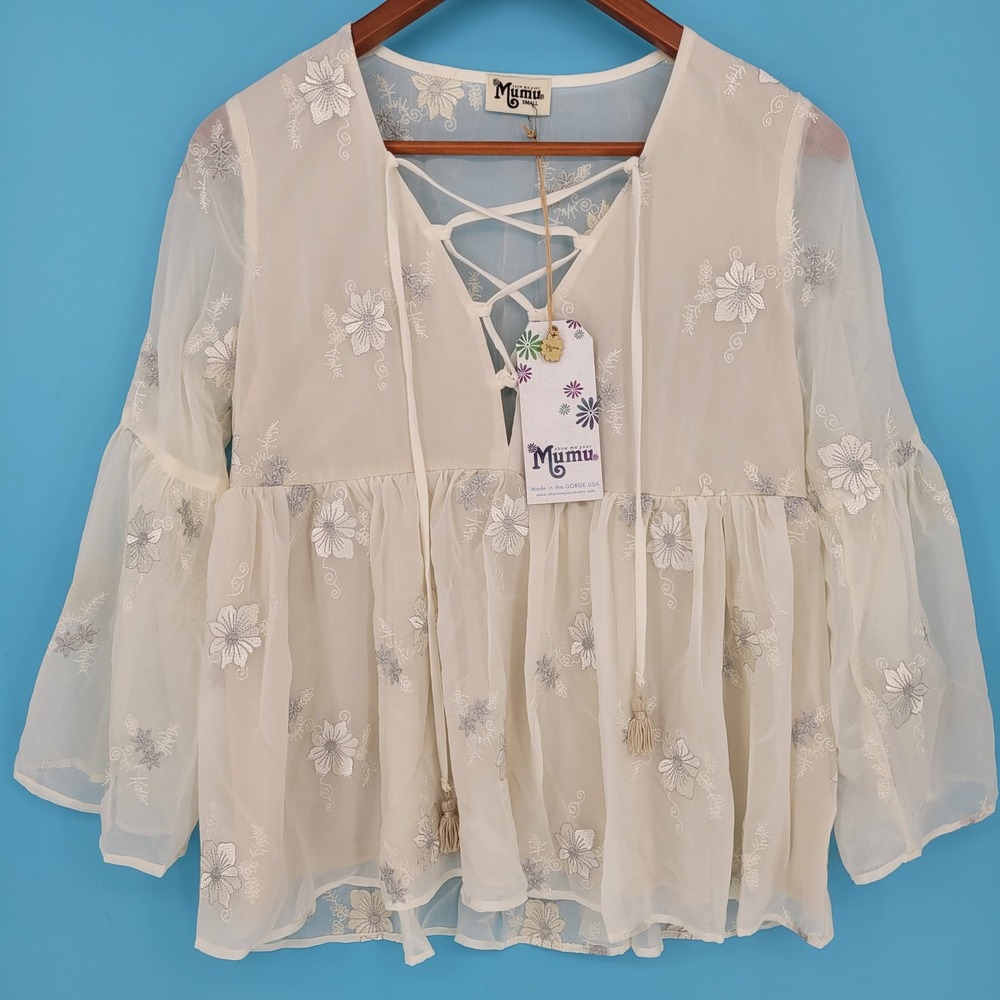 Show Me Your Mumu Poet Tie Top NWT Cream Metallic Floral Embroidered Blouse XS